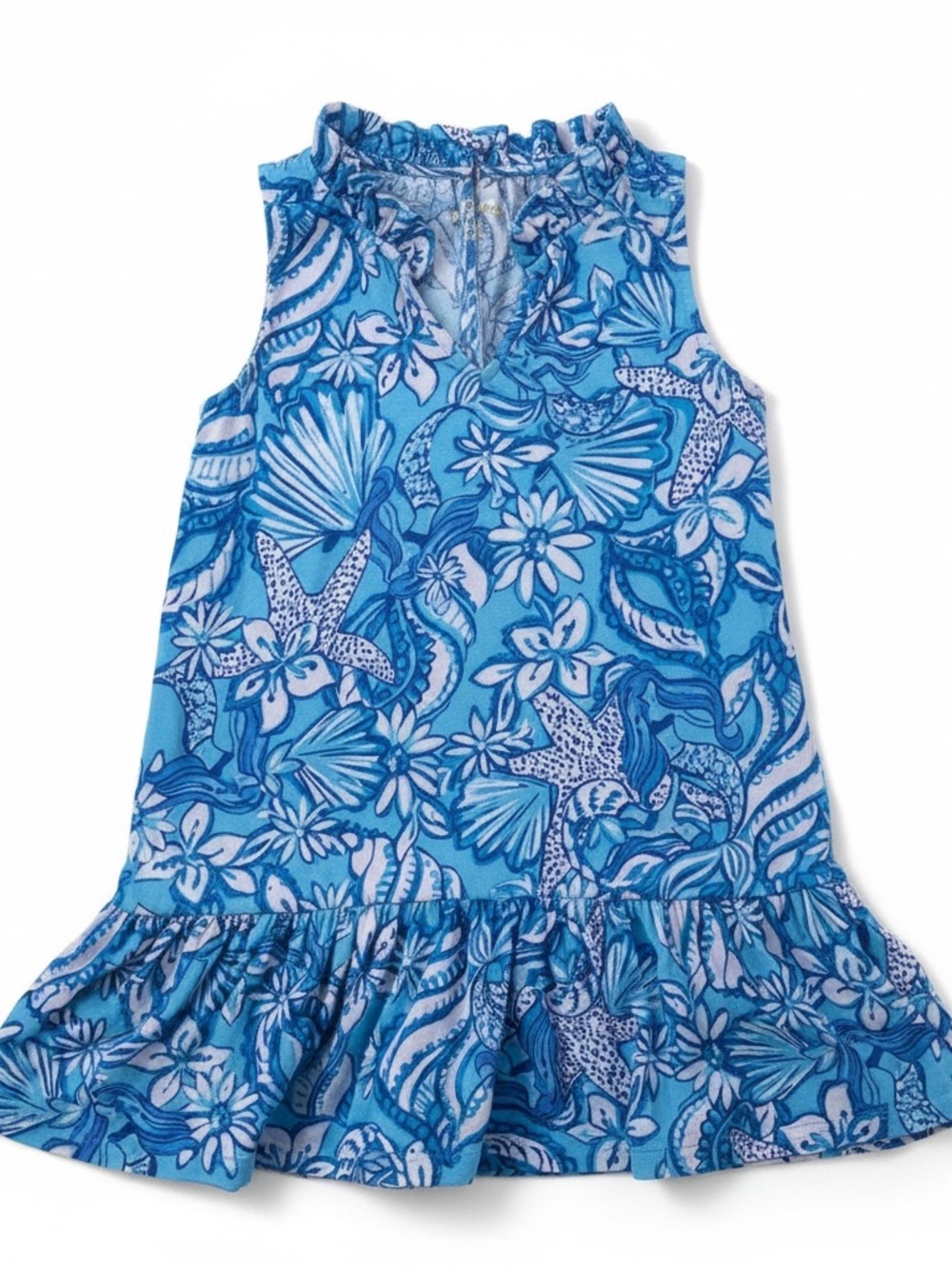 Lilly Pulitzer Turquoise & Blue Starfish Floral Ruffle Hem Dress